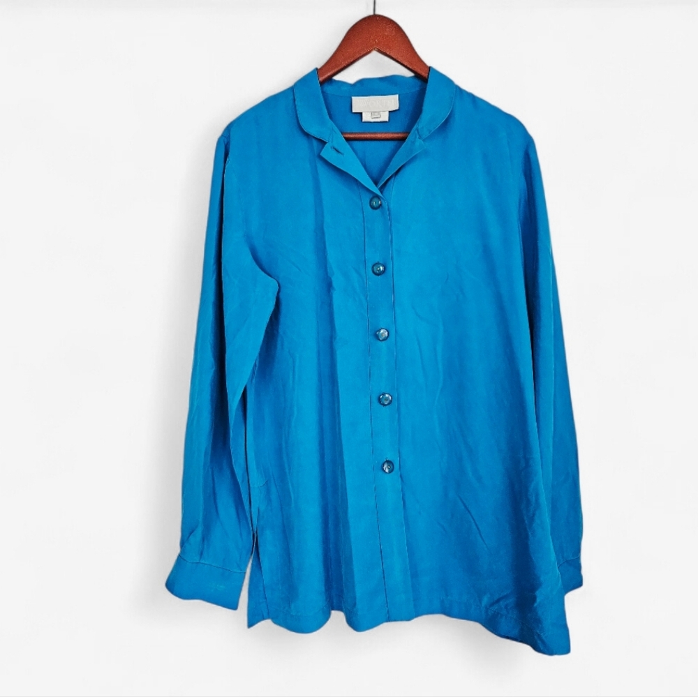 Vintage Worth 100% Silk Peter Pan Rounded Collar Shirt Blouse in Peacock Blue 12